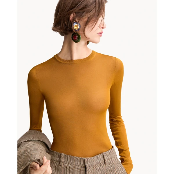 Orange Saint Laurent Cassandre Sheer Top in Knit, Curcuma, view 2 | Tops
