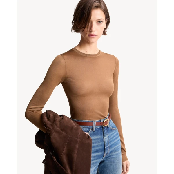 Beige Saint Laurent Cassandre Sheer Top in Knit, Noisette, view 2 | Tops