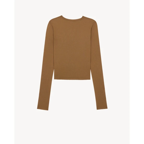 Beige Saint Laurent Cassandre Sheer Top in Knit, Noisette, view 3 | Tops