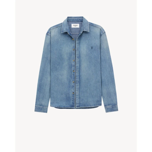 Blue Saint Laurent Cassandre Shirt in Denim, view 2 | Shirts