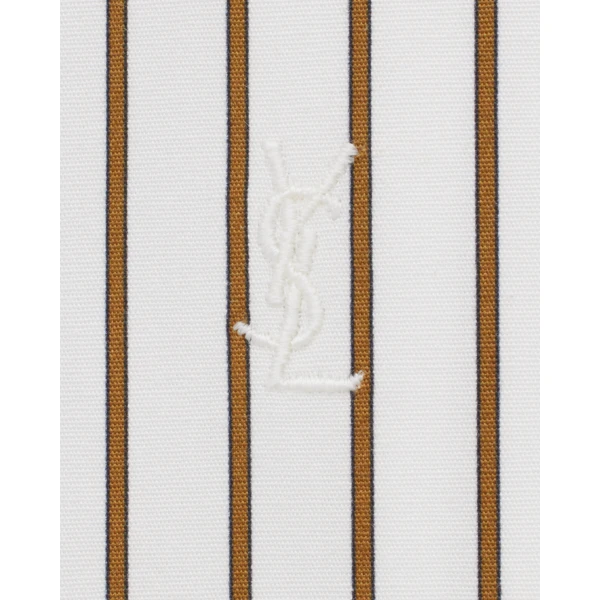 Beige Saint Laurent Cassandre Shirt in Striped Cotton Poplin, Craie Kaki Dore, view 3 | Shirts