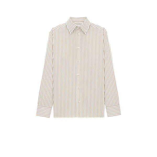 Beige Saint Laurent Cassandre Shirt in Striped Cotton Poplin, Craie Kaki Dore | Shirts