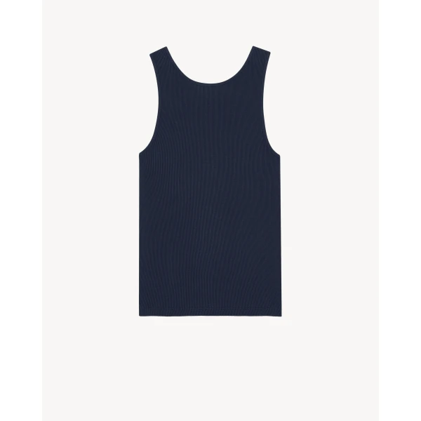 Blue Saint Laurent Cassandre Tank Top in Ribbed Cotton Jersey, Bleu Minuit, view 2 | Sleeveless