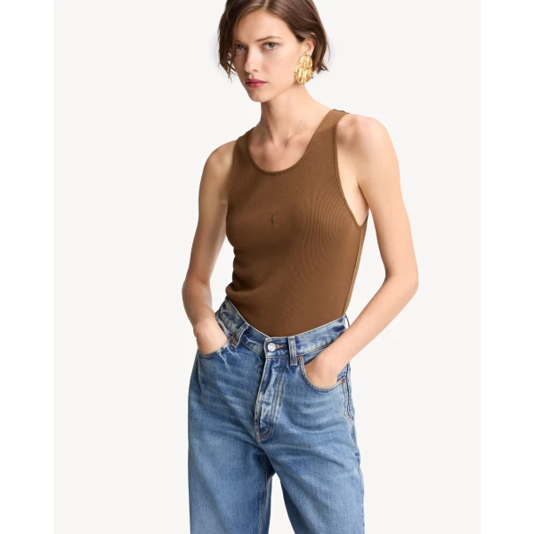 Beige Saint Laurent Cassandre Tank Top in Ribbed Cotton Jersey, Cognac, view 2 | Sleeveless