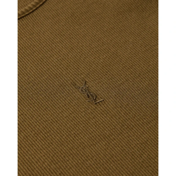 Beige Saint Laurent Cassandre Tank Top in Ribbed Cotton Jersey, Cognac, view 4 | Sleeveless