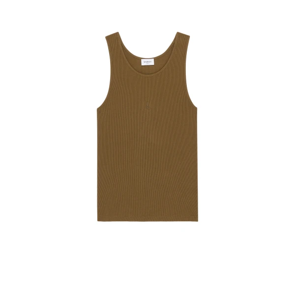 Beige Saint Laurent Cassandre Tank Top in Ribbed Cotton Jersey, Cognac | Sleeveless