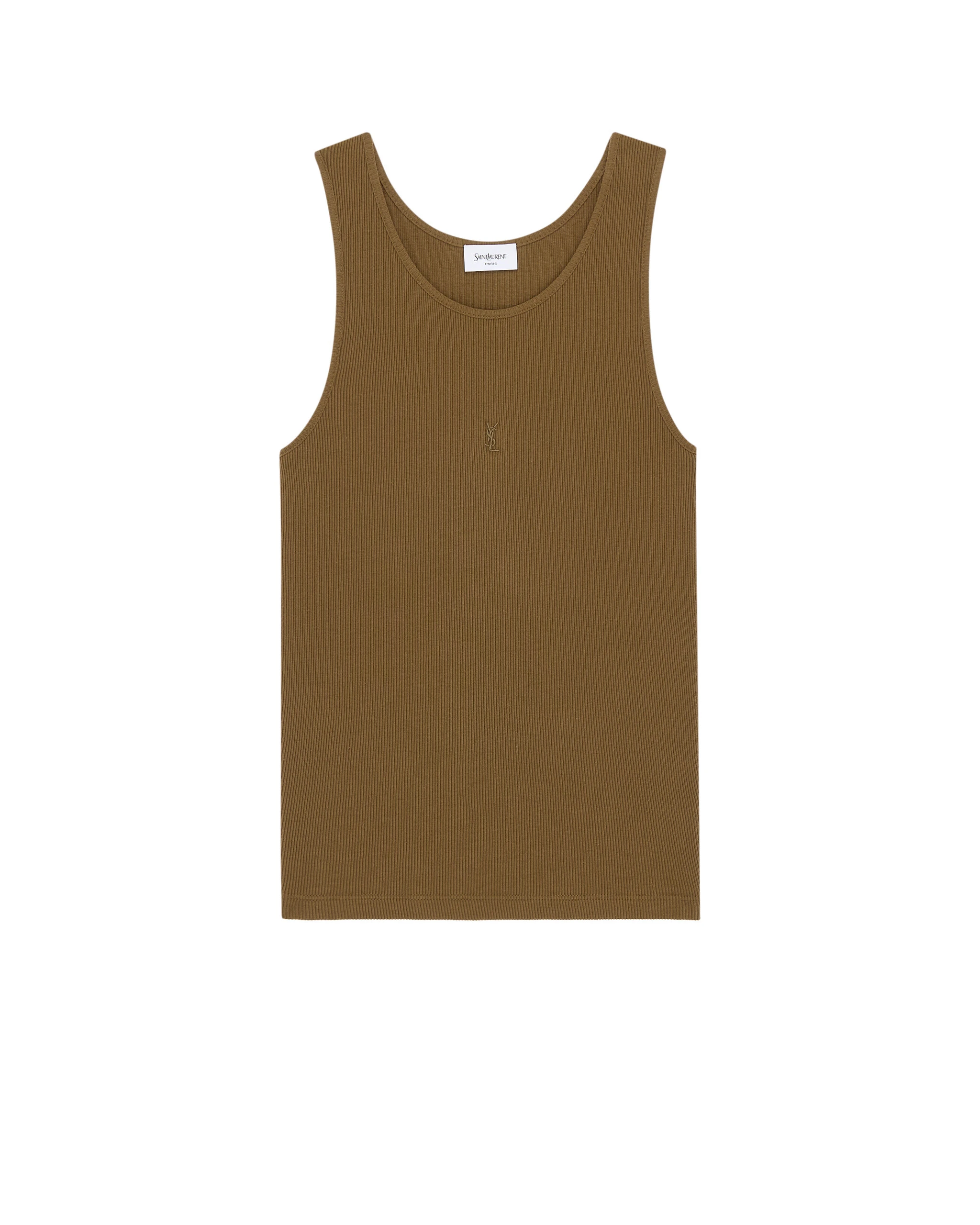 Saint Laurent Cassandre Tank Top in Ribbed Cotton Jersey, Cognac Beige Saint Laurent Cassandre Tank Top in Ribbed Cotton Jersey, Cognac | Sleeveless