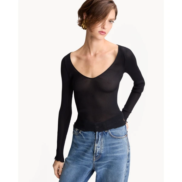 Black Saint Laurent Cassandre V-Neck Top in Ribbed Silk, view 2 | Tops