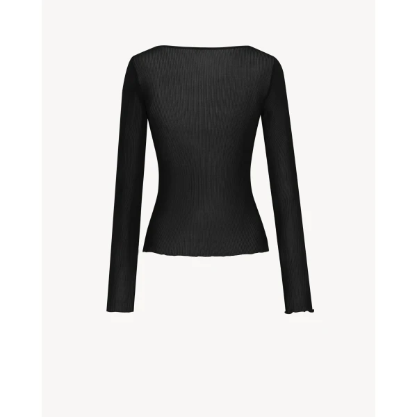 Black Saint Laurent Cassandre V-Neck Top in Ribbed Silk, view 3 | Tops