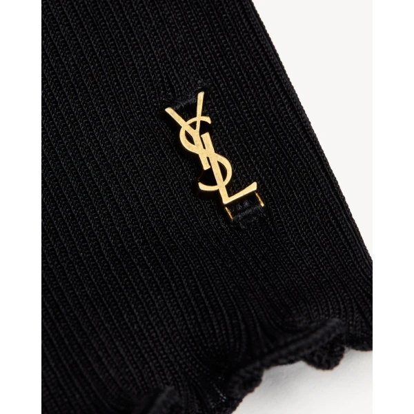 Black Saint Laurent Cassandre V-Neck Top in Ribbed Silk, view 4 | Tops