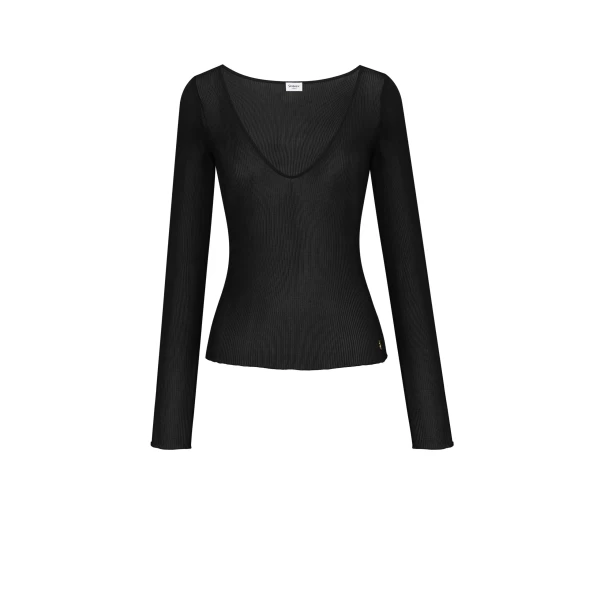 Black Saint Laurent Cassandre V-Neck Top in Ribbed Silk | Tops