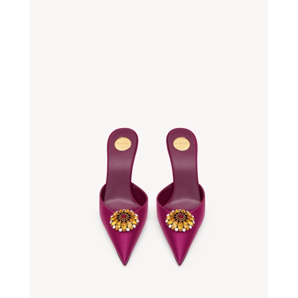 Purple Saint Laurent Cosmo Mules in Satin Crepe and Crystals, view 2 | Mules