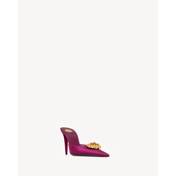 Purple Saint Laurent Cosmo Mules in Satin Crepe and Crystals, view 3 | Mules