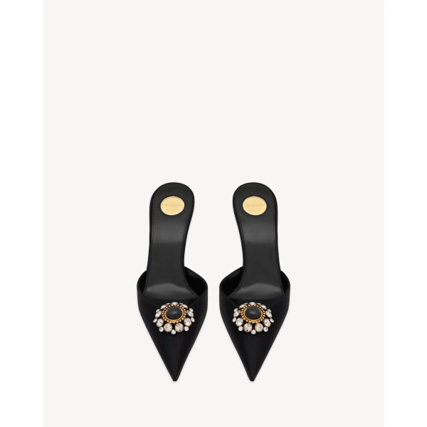 Black Saint Laurent Cosmo Mules in Satin and Crystals, view 2 | Mules