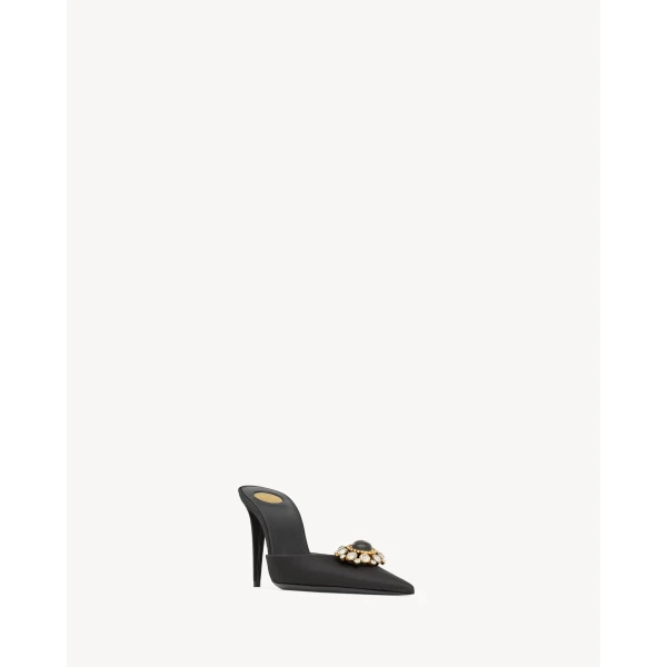 Black Saint Laurent Cosmo Mules in Satin and Crystals, view 3 | Mules