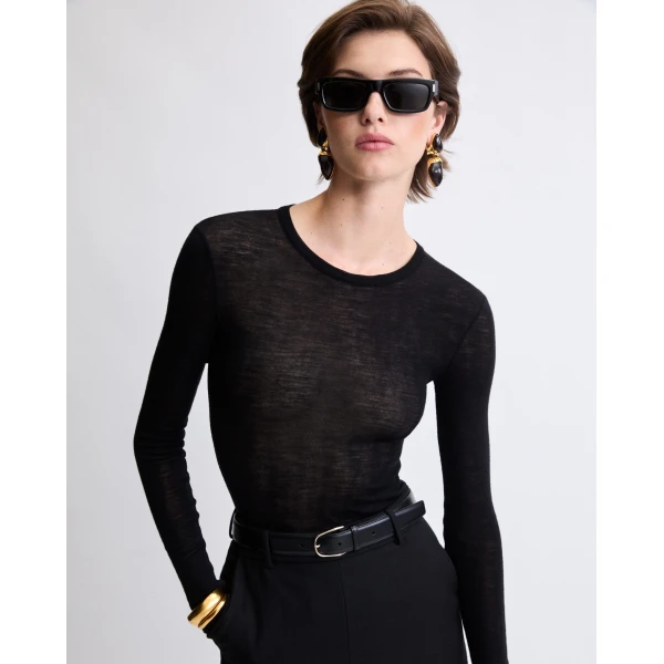 Black Saint Laurent Crewneck Bodysuit in Wool Jersey, view 2 | Bodysuit