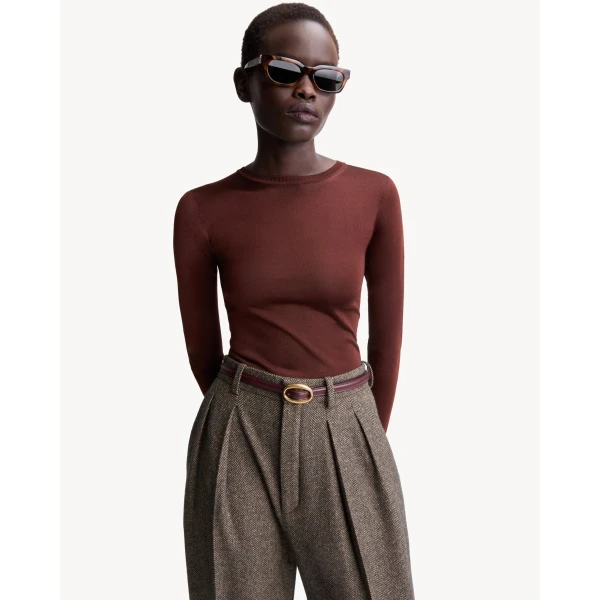 Red Saint Laurent Crewneck Top in Ribbed Cashmere, Wool, and Silk, view 2 | Tops