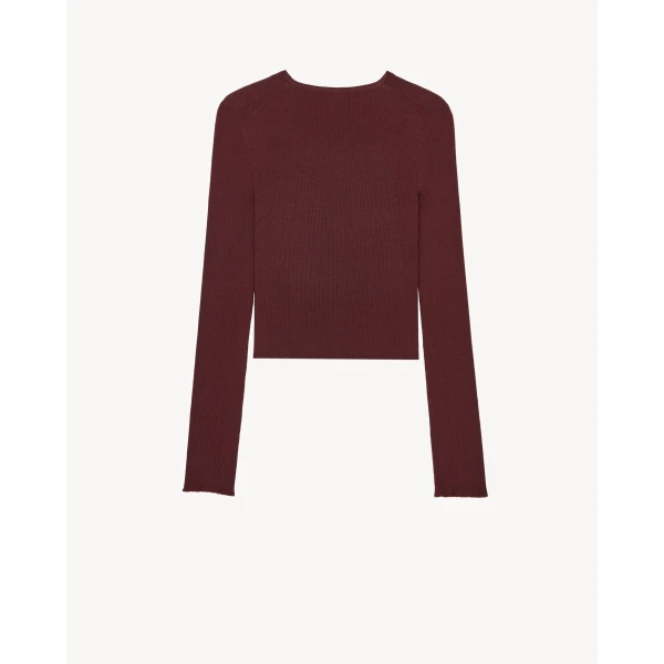 Red Saint Laurent Crewneck Top in Ribbed Cashmere, Wool, and Silk, view 3 | Tops