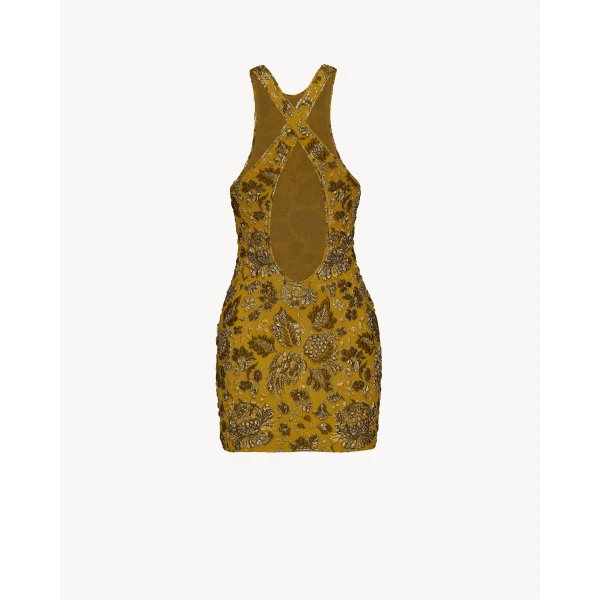 Orange Saint Laurent Cross-Back Mini Dress in Stretch Brocade, view 3 | Mini Dresses