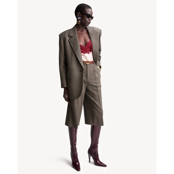 Beige Saint Laurent Culottes in Herringbone Wool, view 2 | Tailored pants