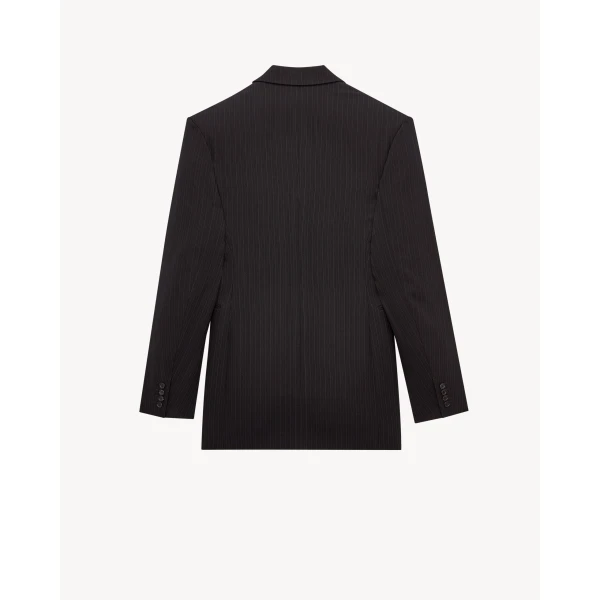 Multicolour Saint Laurent Double-Breasted Jacket in Chalk-Stripe Wool Mélange, Noir and Gris A007RP, view 2 | Blazers
