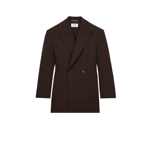 Double-Breasted Jacket in Chalk-Stripe Wool Mélange, Marron and Beige