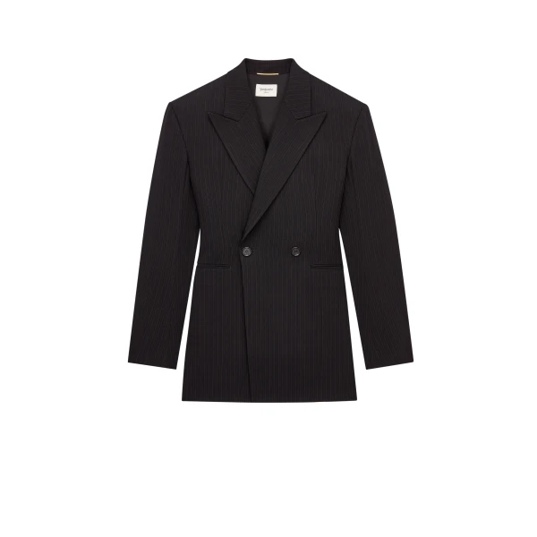 Double-Breasted Jacket in Chalk-Stripe Wool Mélange, Noir and Gris A007RP