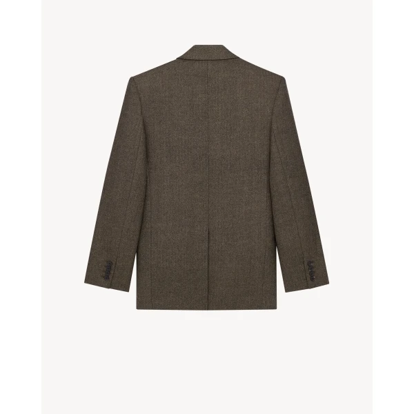 Beige Saint Laurent Double-Breasted Jacket in Herringbone Wool, view 2 | Blazers