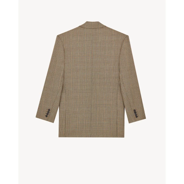 Beige Saint Laurent Double-Breasted Jacket in Prince of Wales Puppytooth Wool, view 3 | Blazers