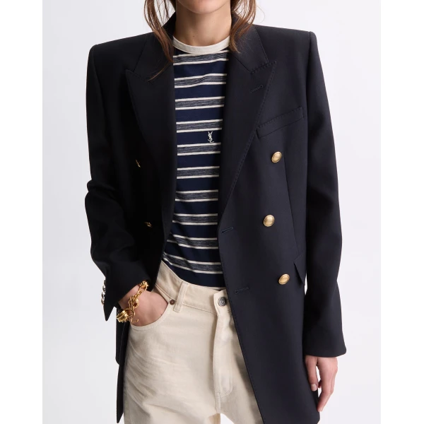 Blue Saint Laurent Double-Breasted Jacket in Wool Gabardine, Marine Fonce, view 2 | Blazers