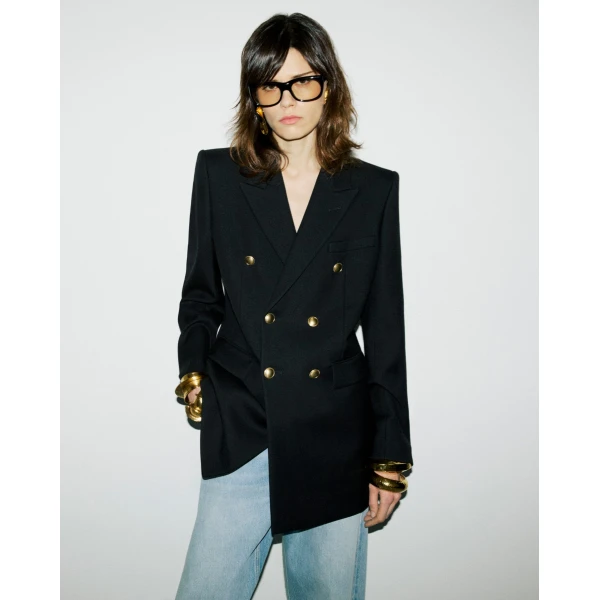 Black Saint Laurent Double-Breasted Jacket in Wool Gabardine, Noir, view 2 | Blazers