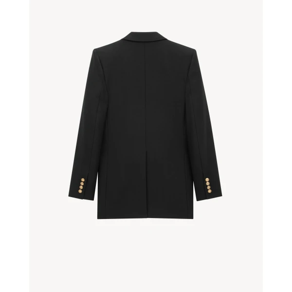 Black Saint Laurent Double-Breasted Jacket in Wool Gabardine, Noir, view 3 | Blazers
