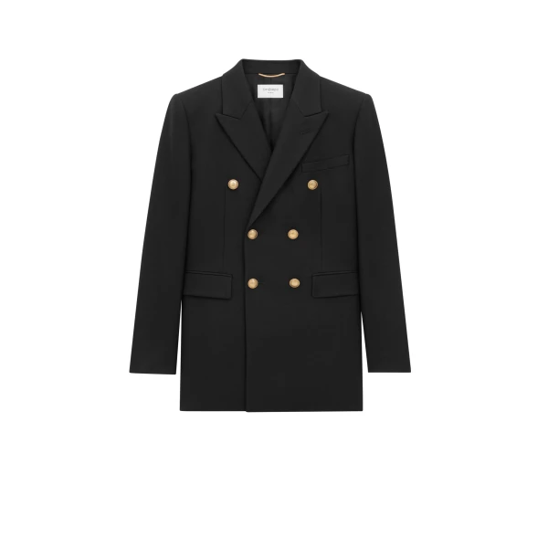 Black Saint Laurent Double-Breasted Jacket in Wool Gabardine, Noir | Blazers