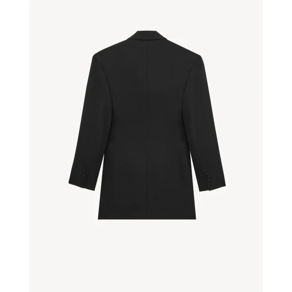 Black Saint Laurent Double-Breasted Tuxedo Jacket in Grain de Poudre, view 2 | Blazers