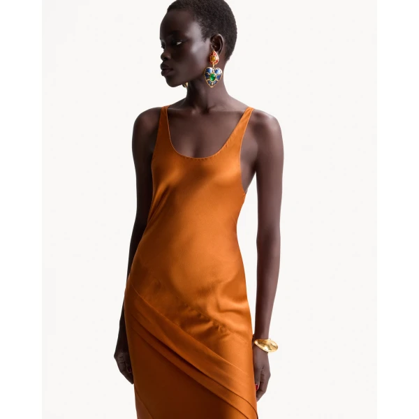 Orange Saint Laurent Draped Tank Dress in Silk Satin, view 2 | Dresses