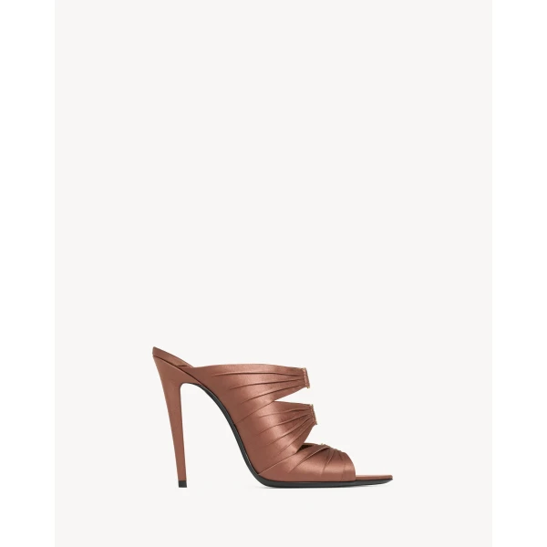 Brown Saint Laurent Emilie Mules in Satin Crepe, Manioc Brown, view 2 | Mules