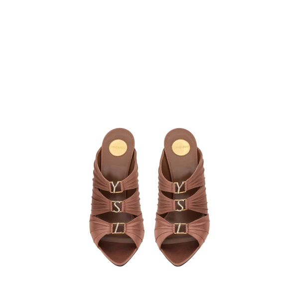 Brown Saint Laurent Emilie Mules in Satin Crepe, Manioc Brown | Mules
