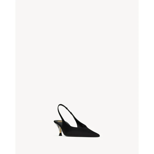 Black Saint Laurent Fanny Slingback Pumps in Satin Crepe, Black, view 3 | Heels