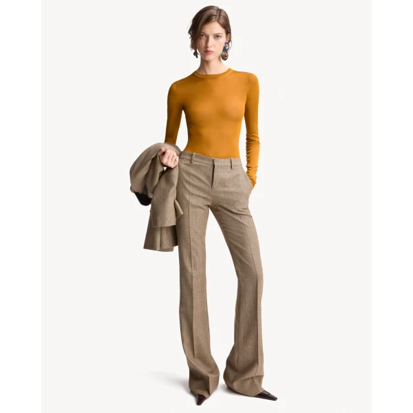 Beige Saint Laurent Flared Pants in Puppytooth Prince of Wales Wool, view 2 | Wide leg pants
