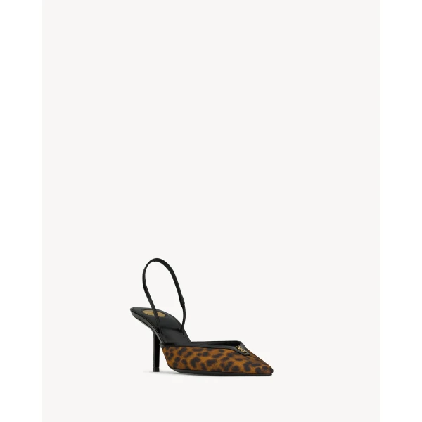 Multicolour Saint Laurent Folie Slingback Pumps in Leopard Grosgrain, view 3 | Heels
