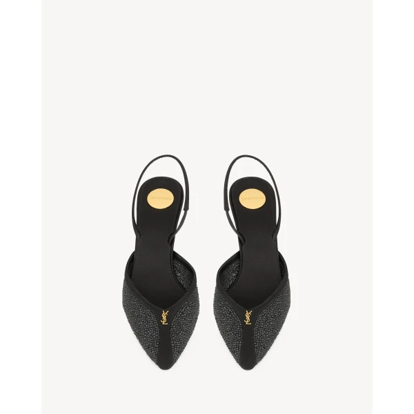 Black Saint Laurent Folie Slingback Pumps in Satin, Mesh, and Crystals, Black, view 2 | Heels