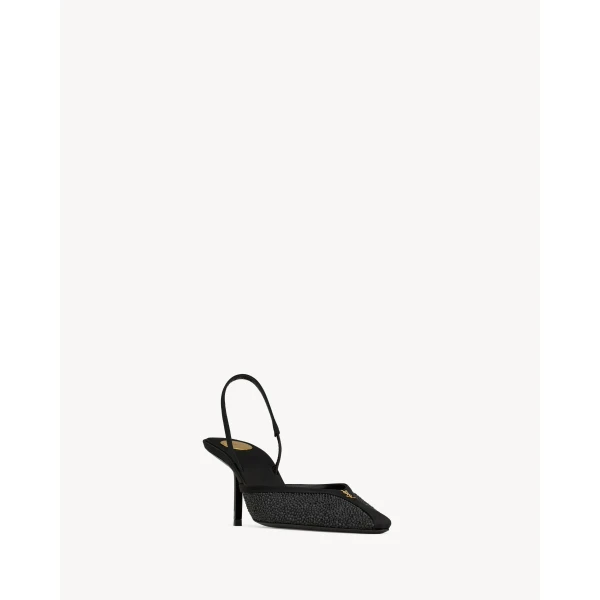 Black Saint Laurent Folie Slingback Pumps in Satin, Mesh, and Crystals, Black, view 3 | Heels