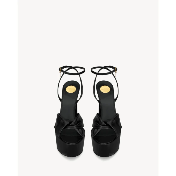 Black Saint Laurent Franciane Platform Sandals in Smooth Leather, Black, view 2 | Sandals