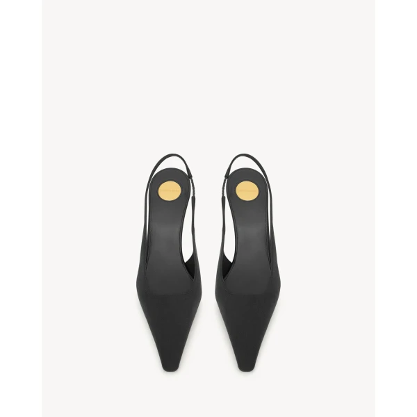 Black Saint Laurent Goya Slingback Pumps in Satin Crepe, Black, view 2 | Heels