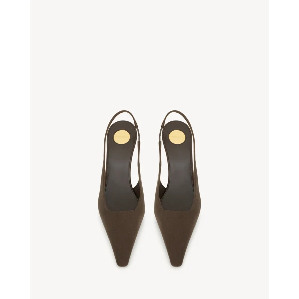 Brown Saint Laurent Goya Slingback Pumps in Satin Crepe, Gloom Brown, view 2 | Heels