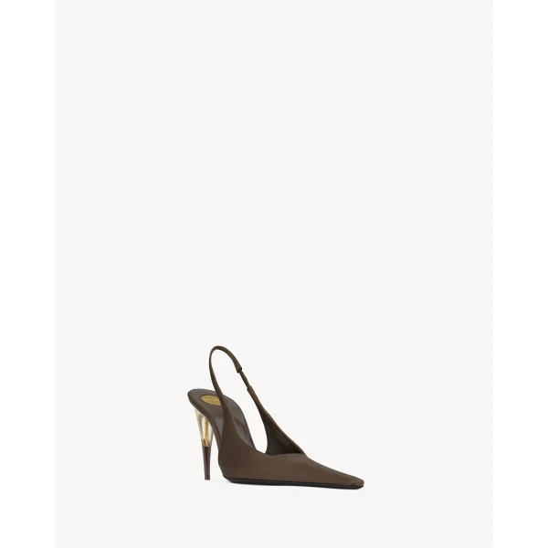 Brown Saint Laurent Goya Slingback Pumps in Satin Crepe, Gloom Brown, view 3 | Heels