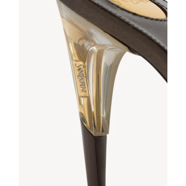 Brown Saint Laurent Goya Slingback Pumps in Satin Crepe, Gloom Brown, view 4 | Heels