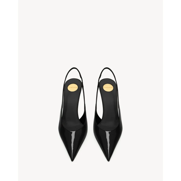 Black Saint Laurent Guermantes Slingback Pumps in Patent Leather, Black, view 2 | Heels