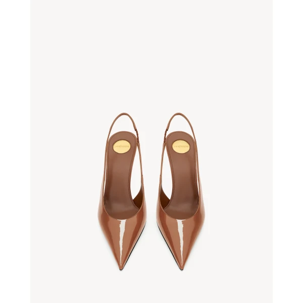 Brown Saint Laurent Guermantes Slingback Pumps in Patent Leather, Noisette, view 2 | Heels