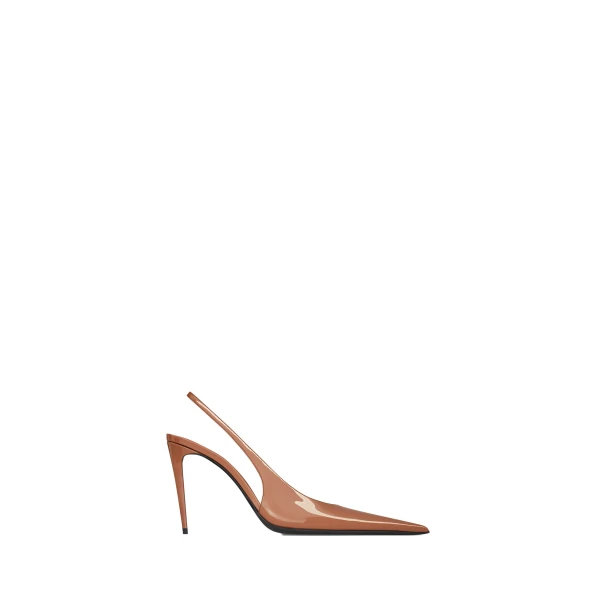 Brown Saint Laurent Guermantes Slingback Pumps in Patent Leather, Noisette | Heels